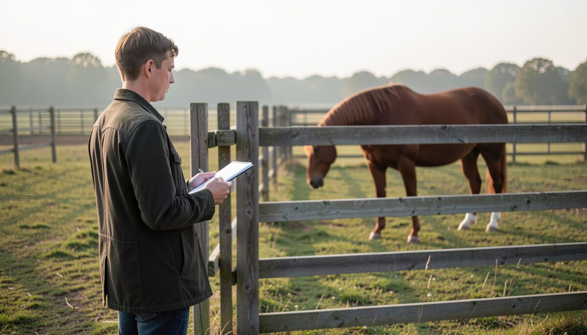 A person standing quietly outside a wooden post-and-rail fence at a distance from a bay horse grazing in a paddock, morning light, notebook in hand, no contact between them.