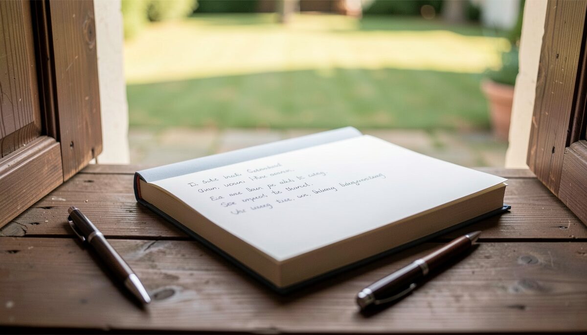 A closed paper notebook resting on a wooden stable door beside a pen, with a few handwritten lines of everyday notes and the yard visible out of focus behind it, soft daylight