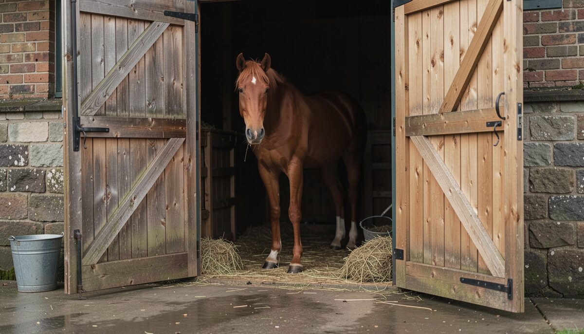 A stable yard at early morning with a wooden stable door half open, a bay horse standing calmly inside looking out, a bucket and hay net visible, soft overcast light on wet concrete.