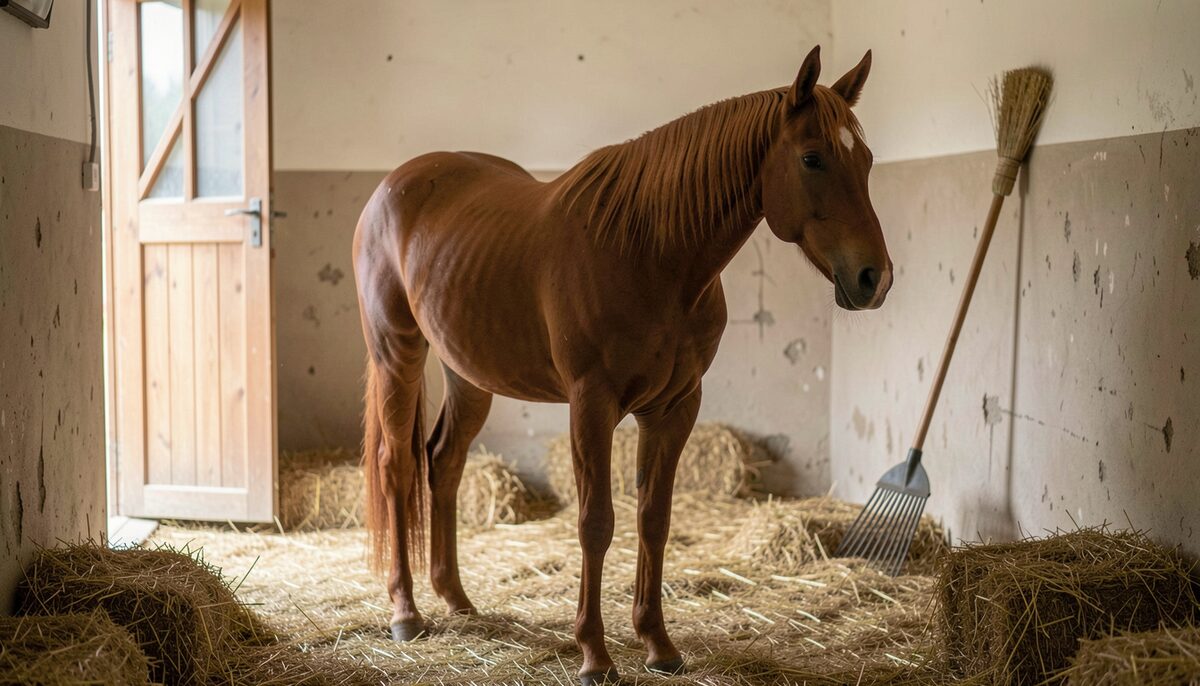 A chestnut horse standing quietly in a straw-bedded stable at eye level, ears relaxed and angled forward, tail hanging evenly, near foreleg slightly offset as the horse shifts its weight, with soft natural light from a half-door and a straw fork leaning against the wall.