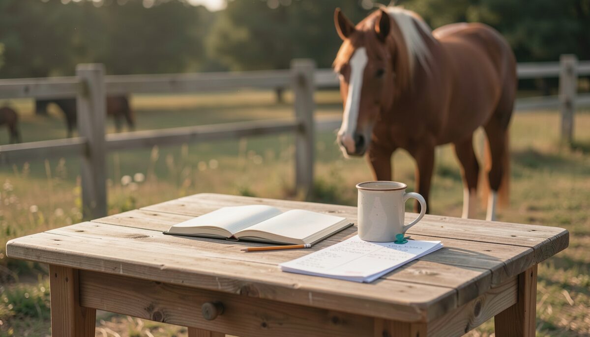 A wooden stable yard table in soft morning light, with an open notebook, a pencil, and a folded weekly schedule pinned under a mug, while a horse stands quietly in the background.