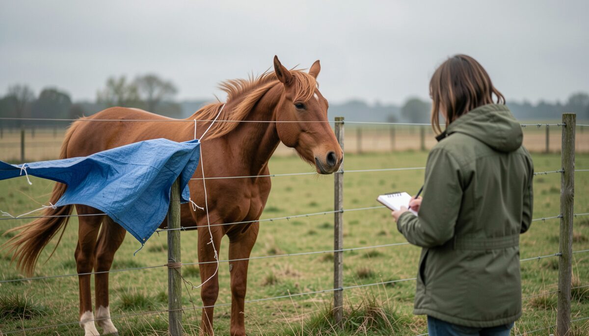 A chestnut horse stands in a windy paddock, ears pricked toward a flapping blue tarp on a fence, while a person in a green jacket watches from several metres away and writes in a small notebook.